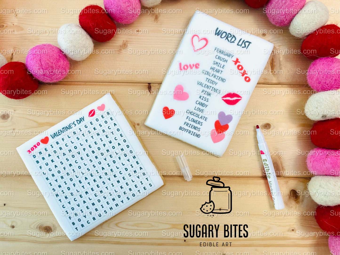 Valentine’s Day Word Search Cookies, Set of 2 JUMBO Cookies and 1 Edible Marker, CHOOSE your FLAVOR …What a fun addition to any celebration!