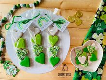 Load image into Gallery viewer, St. Patrick’s Day Cookie Packs, MINI Heart Sugar Cookies, Gift,**SET of 4 BAGS** (24 heart cookies total)

