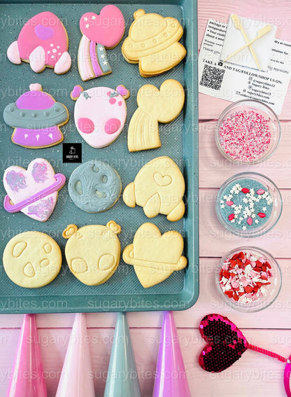 Valentine’s Day Cookie Decorating Kit | Space Cookies | Alien Cookies | Sugar Vanilla or Gluten-Free | INCLUDES 24 ITEMS*(Large Cookies)