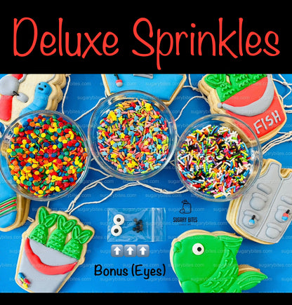 Fishing Cookie Decorating Kit, DIY Fishing Sugar Cookie Kit, **INCLUDES 25 ITEMS**, (Large Cookies)… with Deluxe Sprinkles…Plus Bonus!!!