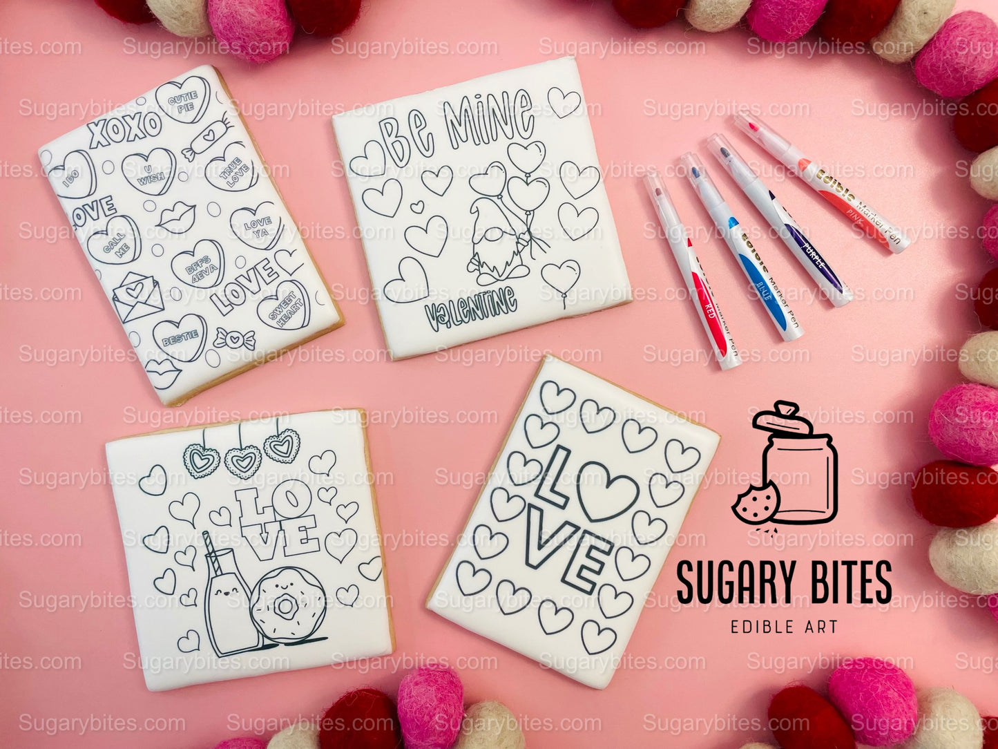 Valentines Day Cookies, Set of 4 Coloring Valentines Cookies with 4 Edible Markers, (Jumbo Cookies), Color your own Valentines Cookies!!!