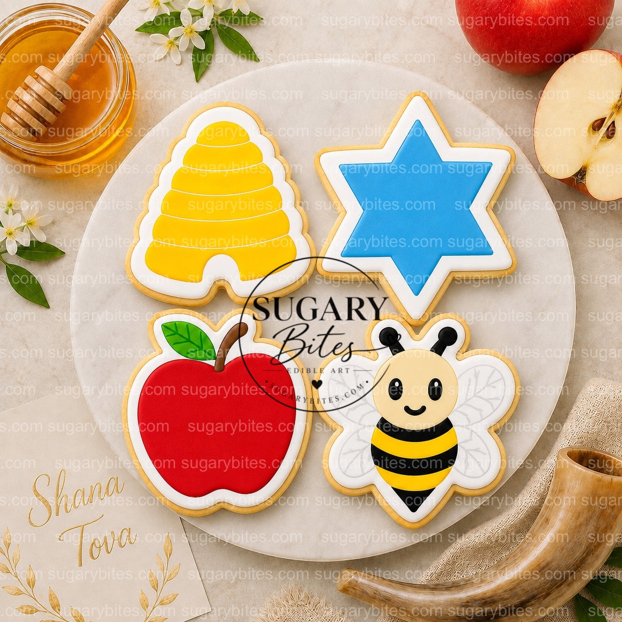 Rosh Hashanah Cookies Rosh Hashanah Printed Cookies – Set of 12 Large 4” Apple, Bee, Beehive & Star of David Cookies