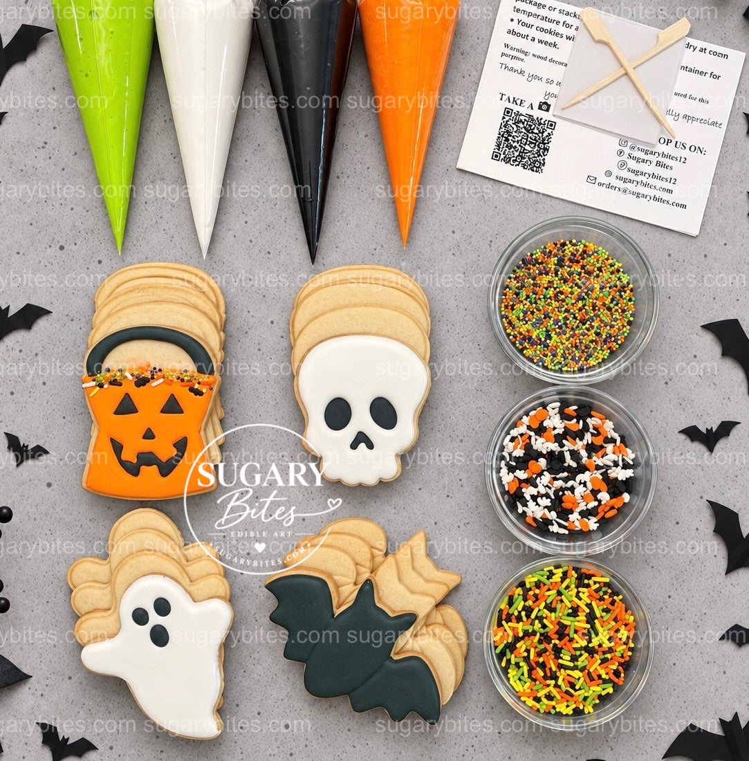 Halloween Cookie Decorating Kit, DIY Cookie Kit, 12 Undecorated Cookies, Royal Icing & Sprinkles, Kids' Halloween Party Activity, Fall Gifts