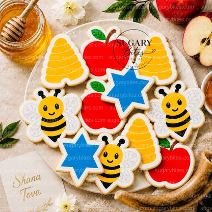 Rosh Hashanah Cookies Rosh Hashanah Printed Cookies – Set of 12 Large 4” Apple, Bee, Beehive & Star of David Cookies