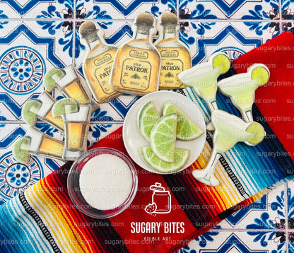 Fiesta Cookie Set (12 Iced and Printed Cookies), Margarita Cookies, Tequila Shot Cookies, Lime Cookies, and Tequila Bottle Cookies.