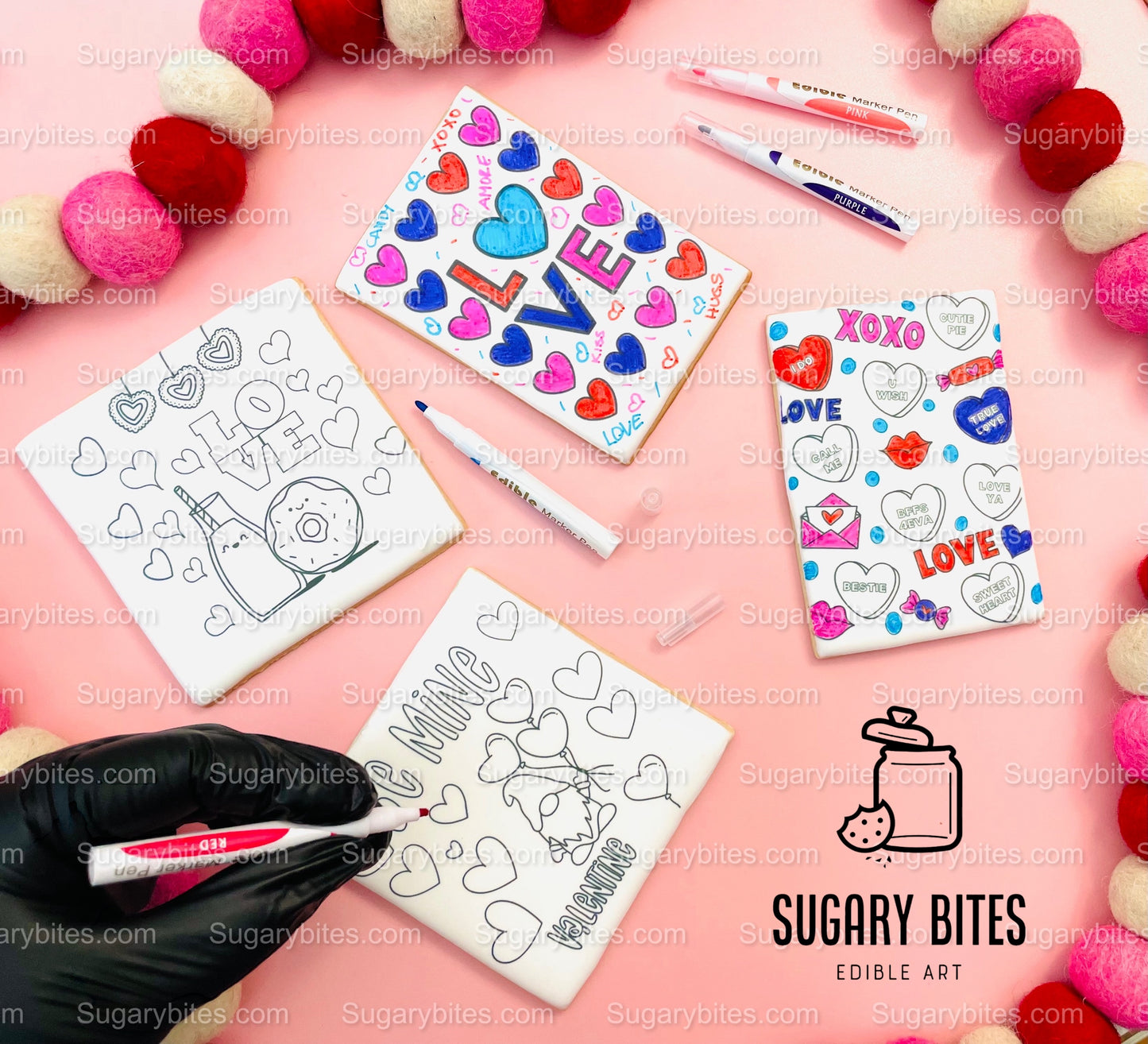 Valentines Day Cookies, Set of 4 Coloring Valentines Cookies with 4 Edible Markers, (Jumbo Cookies), Color your own Valentines Cookies!!!