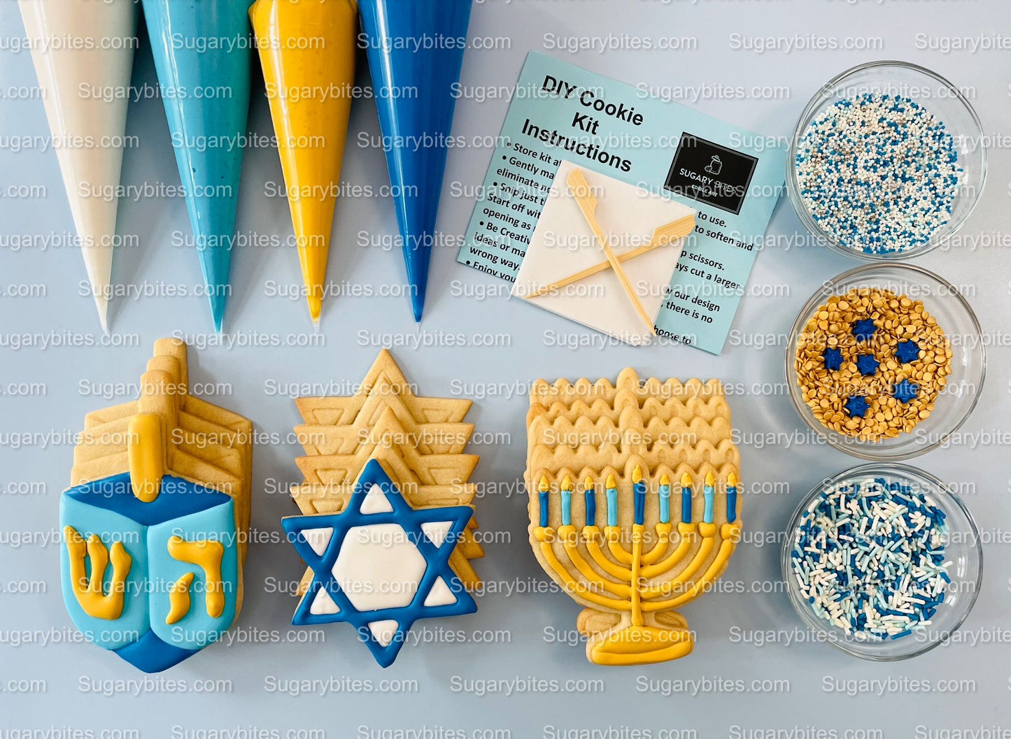 Hanukkah Cookie Decorating Kit, DIY Cookie Kit, (Large Cookies) ***INCLUDES 24 ITEMS*** With 4 Icing Bags & 3 Deluxe Sprinkle!
