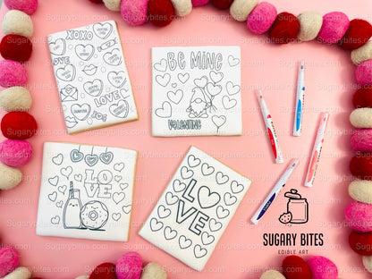 Valentines Day Cookies, Set of 4 Coloring Valentines Cookies with 4 Edible Markers, (Jumbo Cookies), Color your own Valentines Cookies!!!