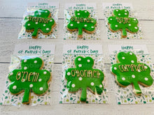 Load image into Gallery viewer, Shamrock Cookies, St. Patrick’s Day Cookies, Gift, … ** Set of 6 or 12** (Large Cookies) Personalized with gold lettering
