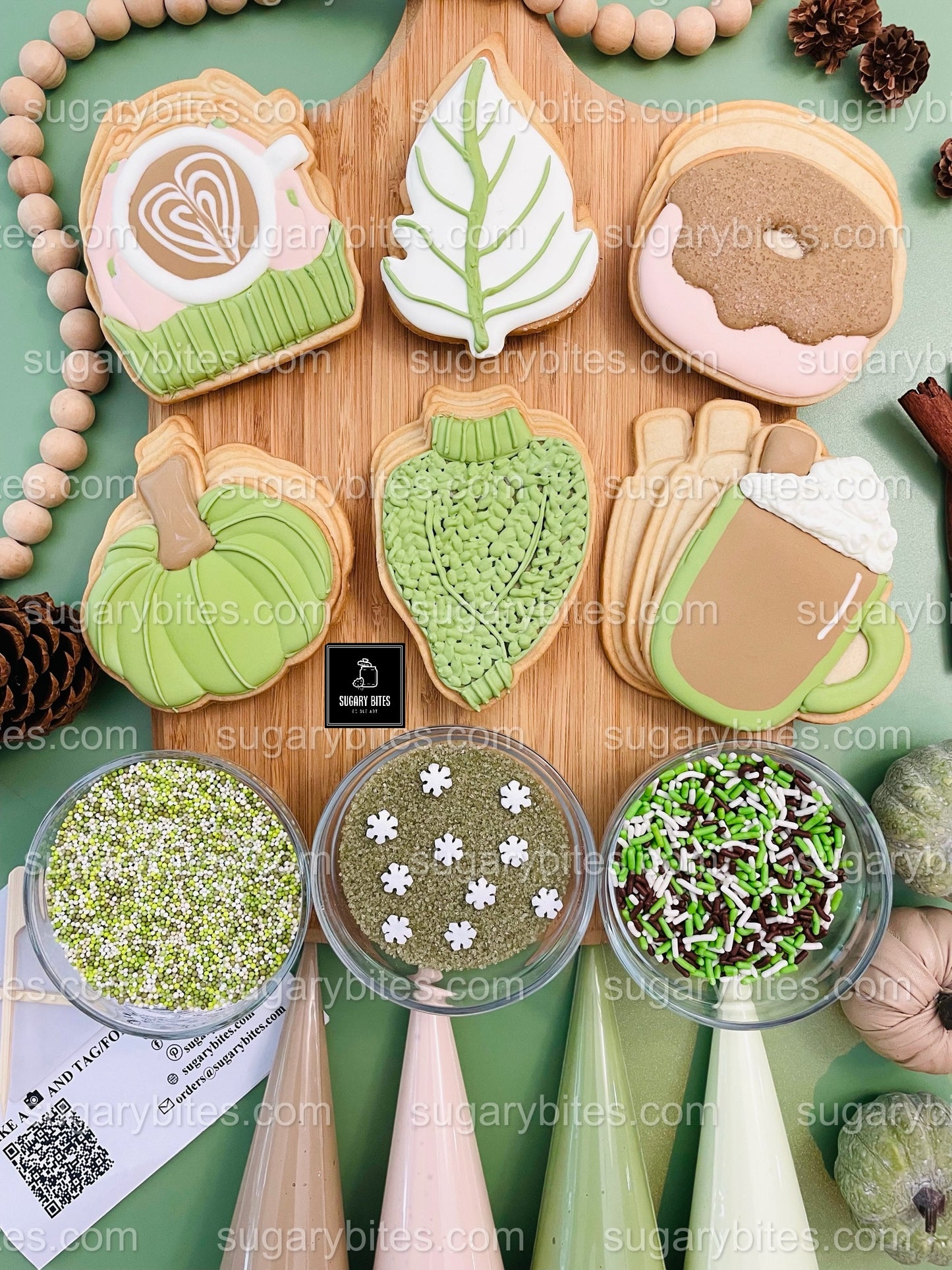 Autumn Cookie Kit – Matcha Coffee, Cozy Sweater, Pumpkin, Leaf, and Donut Designs, (Large Cookies) **INCLUDES 24 ITEMS** With 4 Icing Bags & 3 Deluxe Sprinkle!