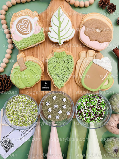 Autumn Cookie Kit – Matcha Coffee, Cozy Sweater, Pumpkin, Leaf, and Donut Designs, (Large Cookies) **INCLUDES 24 ITEMS** With 4 Icing Bags & 3 Deluxe Sprinkle!