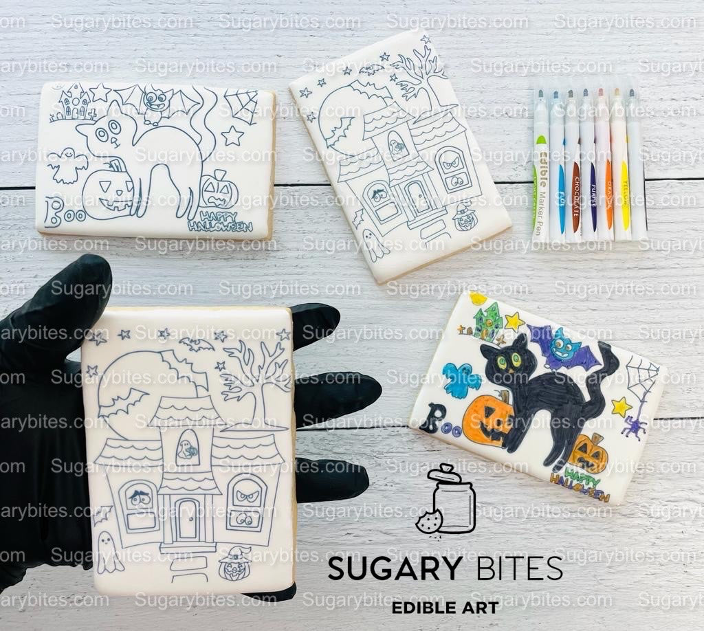 Halloween Cookies, Set of 4 Coloring Halloween Cookies with 7 Edible Markers, Color your own Halloween Cookies!