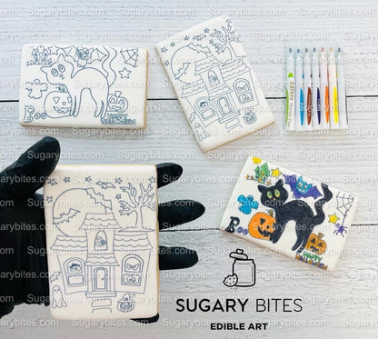 Halloween Cookies, Set of 4 Coloring Halloween Cookies with 7 Edible Markers, Color your own Halloween Cookies!