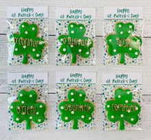 Load image into Gallery viewer, Shamrock Cookies, St. Patrick’s Day Cookies, Gift, … ** Set of 6 or 12** (Large Cookies) Personalized with gold lettering
