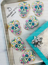 Load image into Gallery viewer, Sugar Skull Cookies, Set of 12 Cookies, Vanilla Sugar Cookie, Highly Detailed Edible Image!

