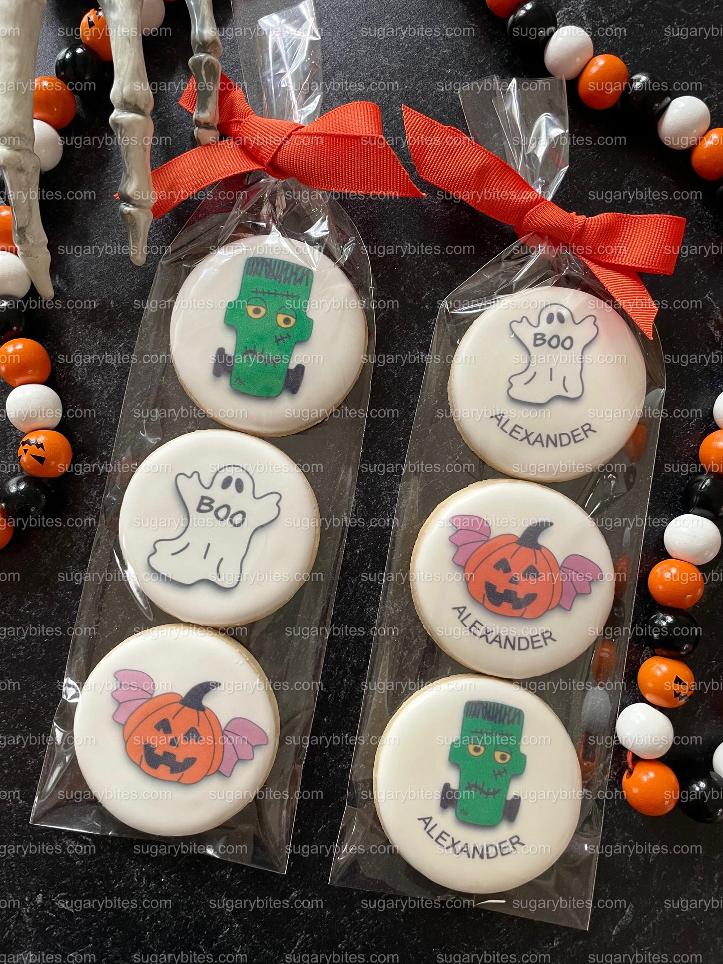 Halloween Cookies, Halloween Iced Sugar Cookies Set, Set of 2 Cellophane Bags with elegant ribbon. (Total 6 Cookies)