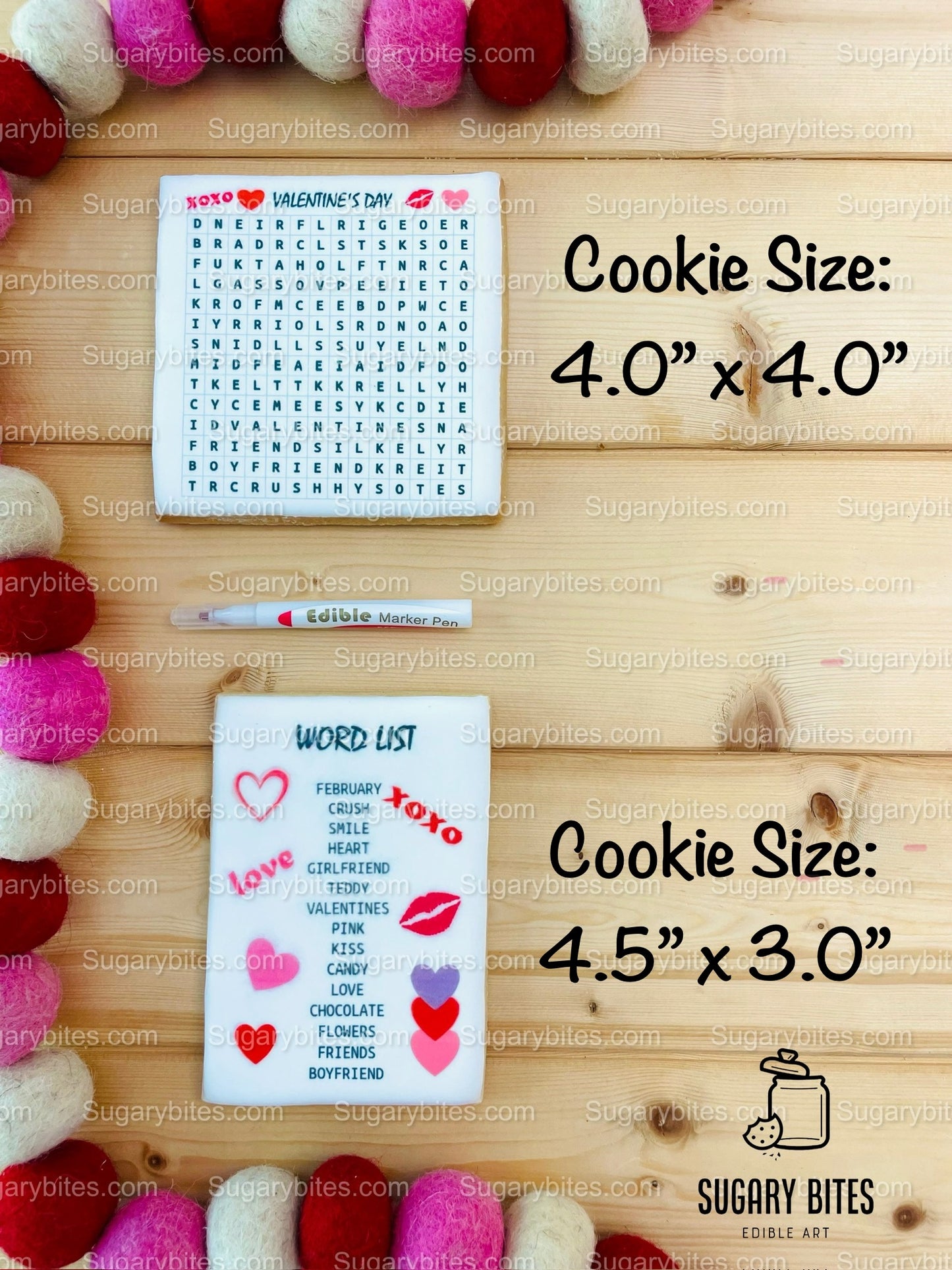 Valentine’s Day Word Search Cookies, Set of 2 JUMBO Cookies and 1 Edible Marker, CHOOSE your FLAVOR …What a fun addition to any celebration!