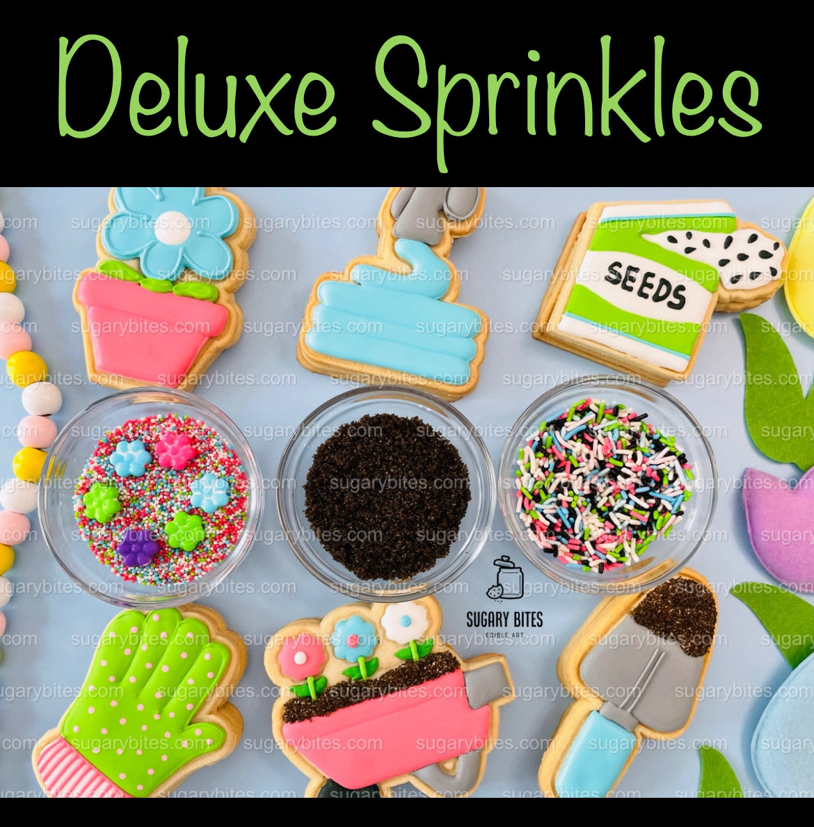 Gardening Cookie Decorating Kit, DIY Spring Sugar Cookie Decorating Kit, **INCLUDES 24 or 26 ITEMS**, (Large Cookies) with Deluxe Sprinkles!