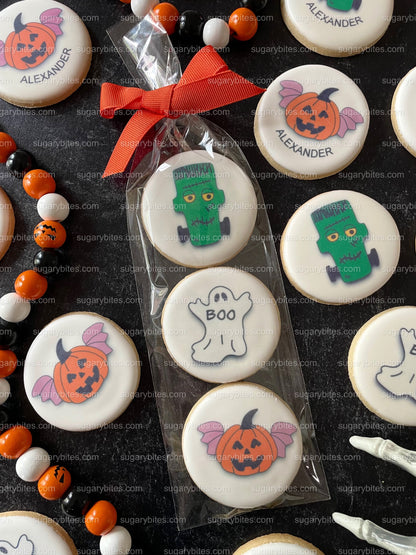 Halloween Cookies, Halloween Iced Sugar Cookies Set, Set of 2 Cellophane Bags with elegant ribbon. (Total 6 Cookies)