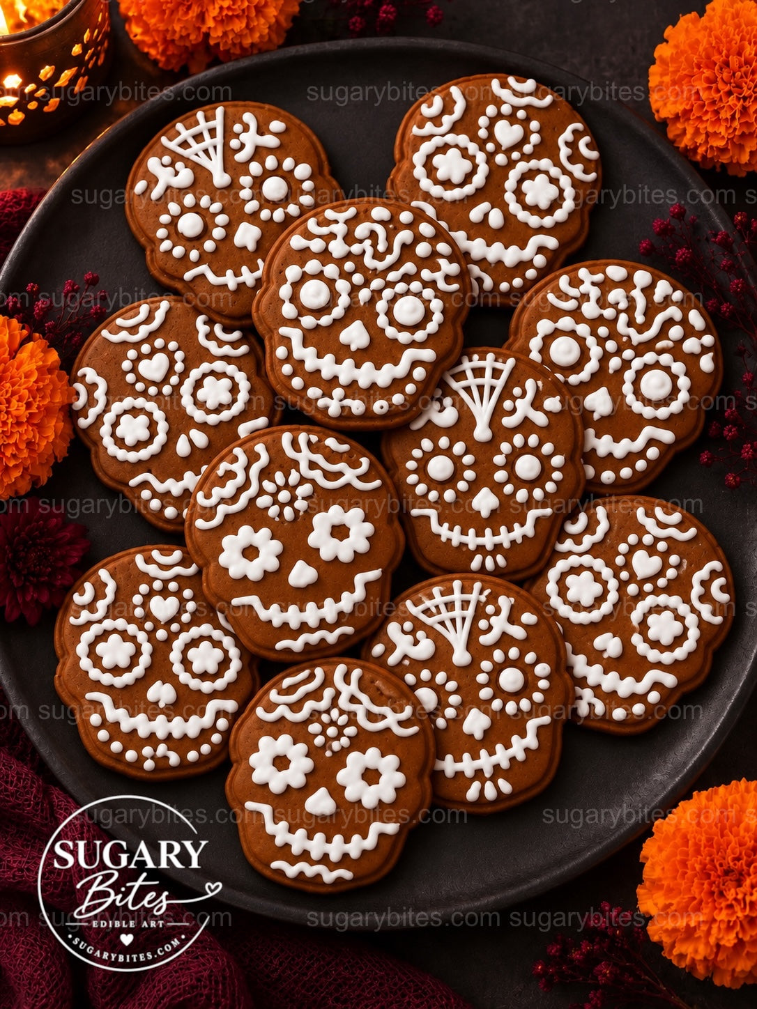 Day of the Dead Decorated Cookies, 12 Sugar Skull Decorated Cookies, Assorted Designs, Flavor Choice, Ribbon Gift Box