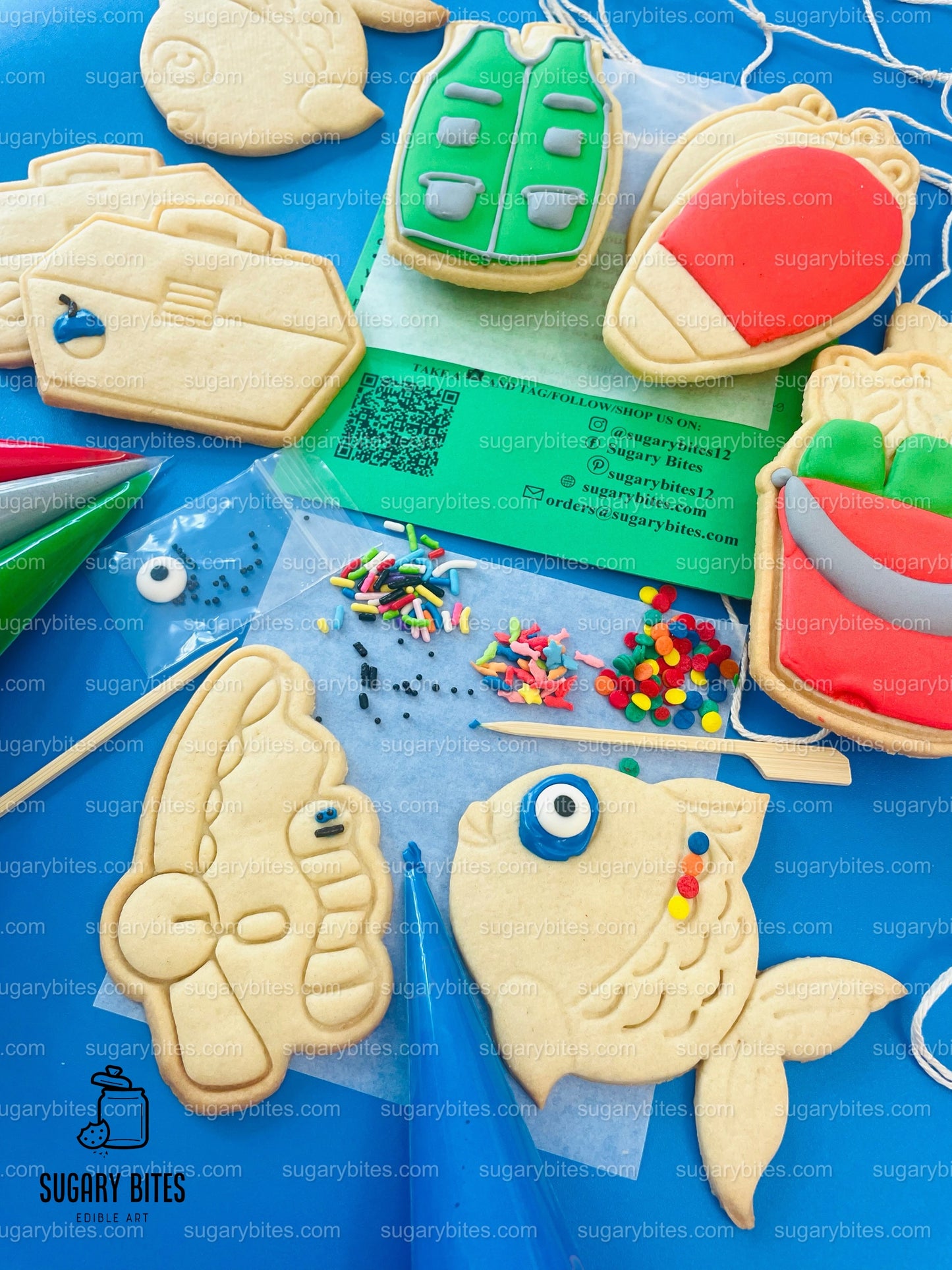 Fishing Cookie Decorating Kit, DIY Fishing Sugar Cookie Kit, **INCLUDES 25 ITEMS**, (Large Cookies)… with Deluxe Sprinkles…Plus Bonus!!!