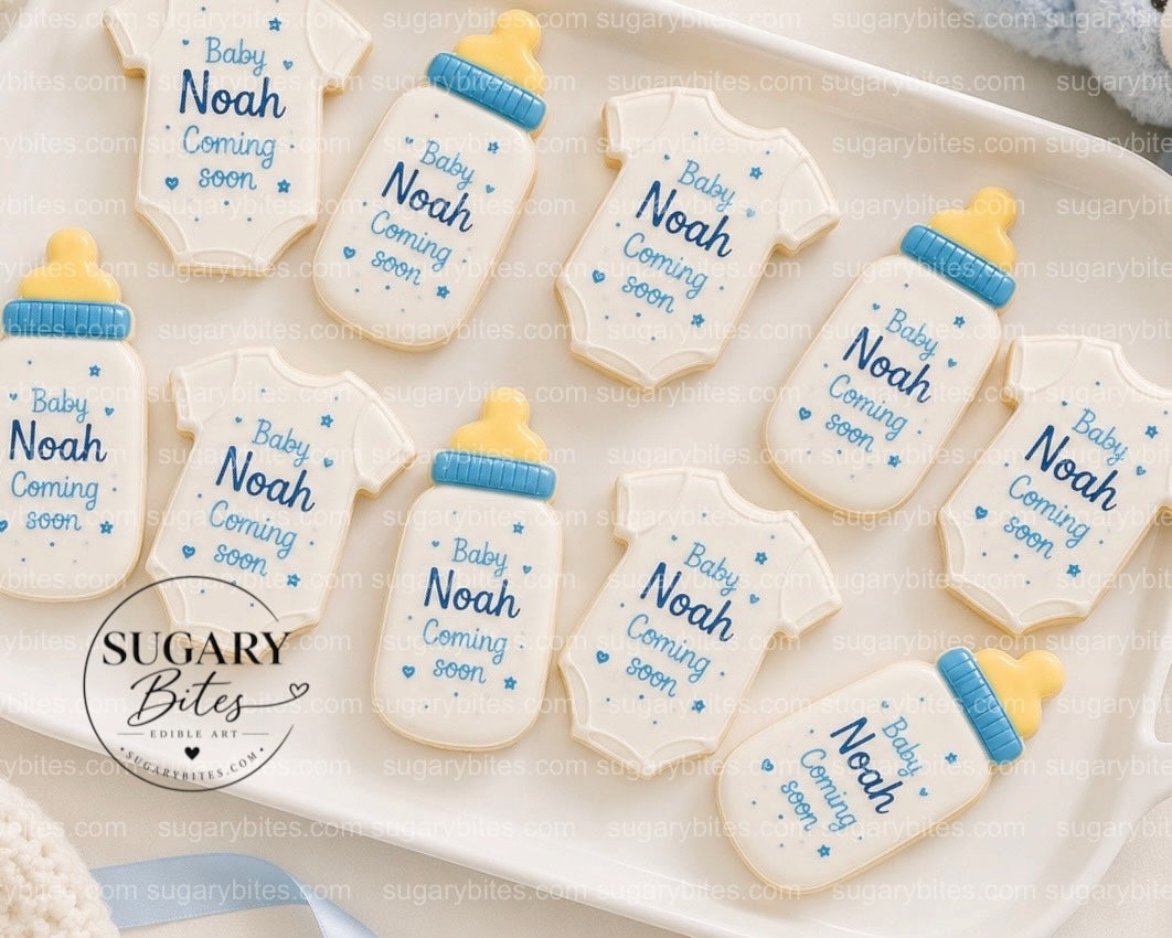 Baby Shower Cookies, Personalized Baby Shower Cookies – Custom Baby Name Onesie & Bottle Cookies, 12 Baby Shower Favors (Approximately 4 inches each)
