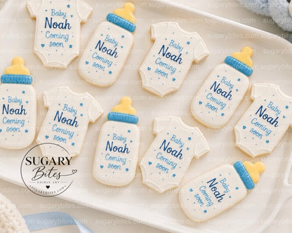 Baby Shower Cookies, Personalized Baby Shower Cookies – Custom Baby Name Onesie & Bottle Cookies, 12 Baby Shower Favors (Approximately 4 inches each)