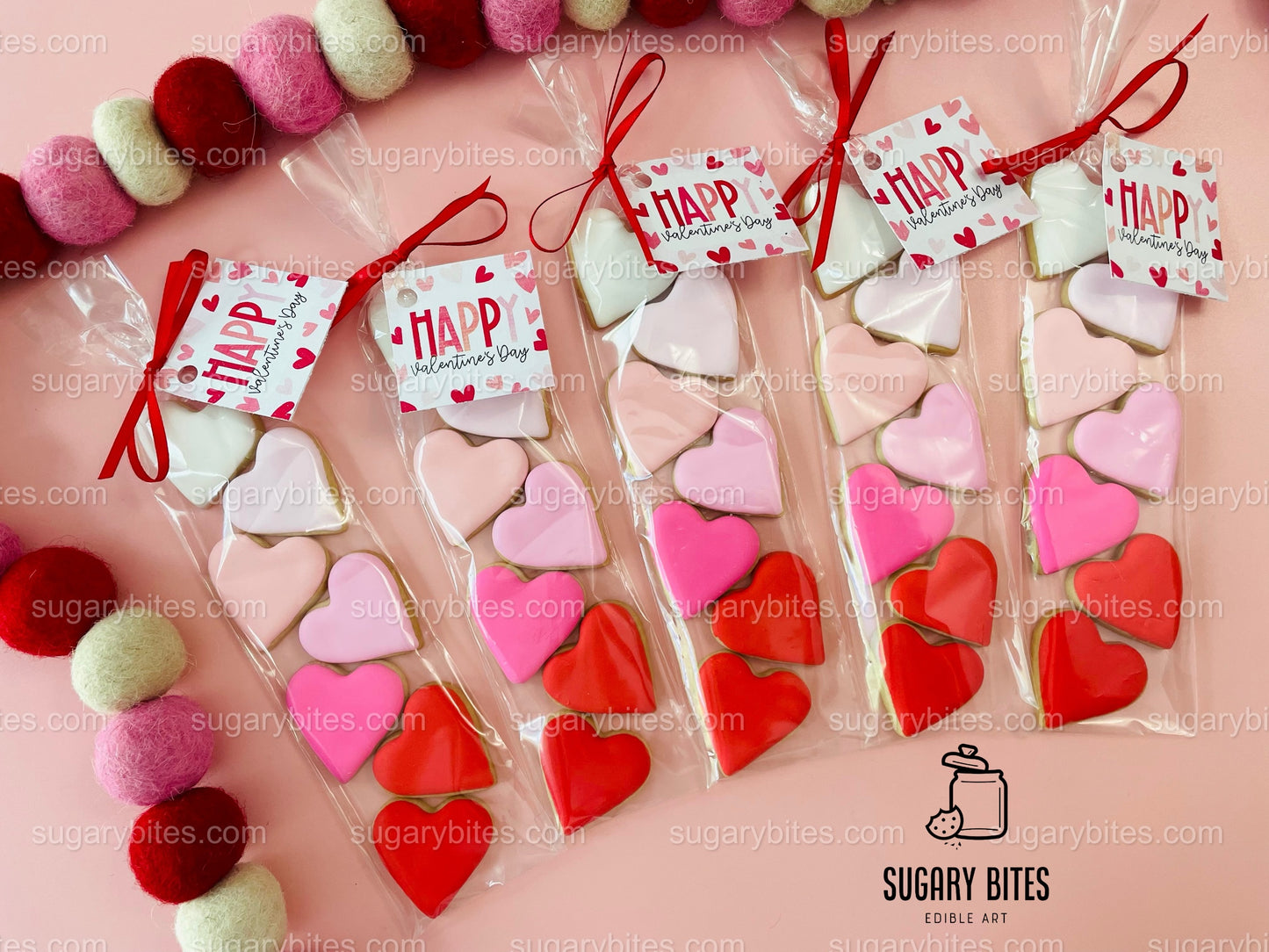 Valentines Day Mini Heart Cookie Packs, MINI Heart Sugar Cookies, Valetines Gift,**SET of 5 BAGS** (35 heart cookies total)