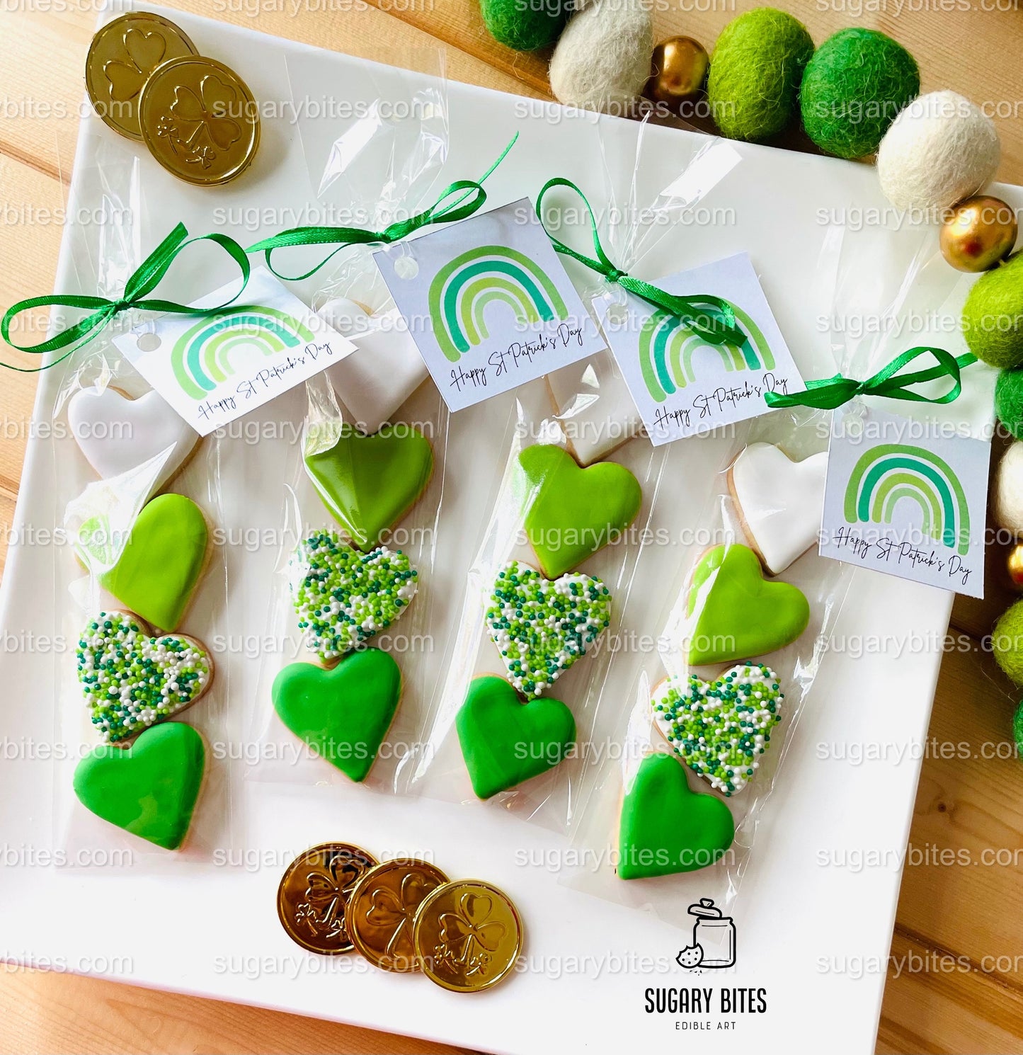 St. Patrick’s Day Cookie Packs, MINI Heart Sugar Cookies, Gift,**SET of 4 BAGS** (24 heart cookies total)