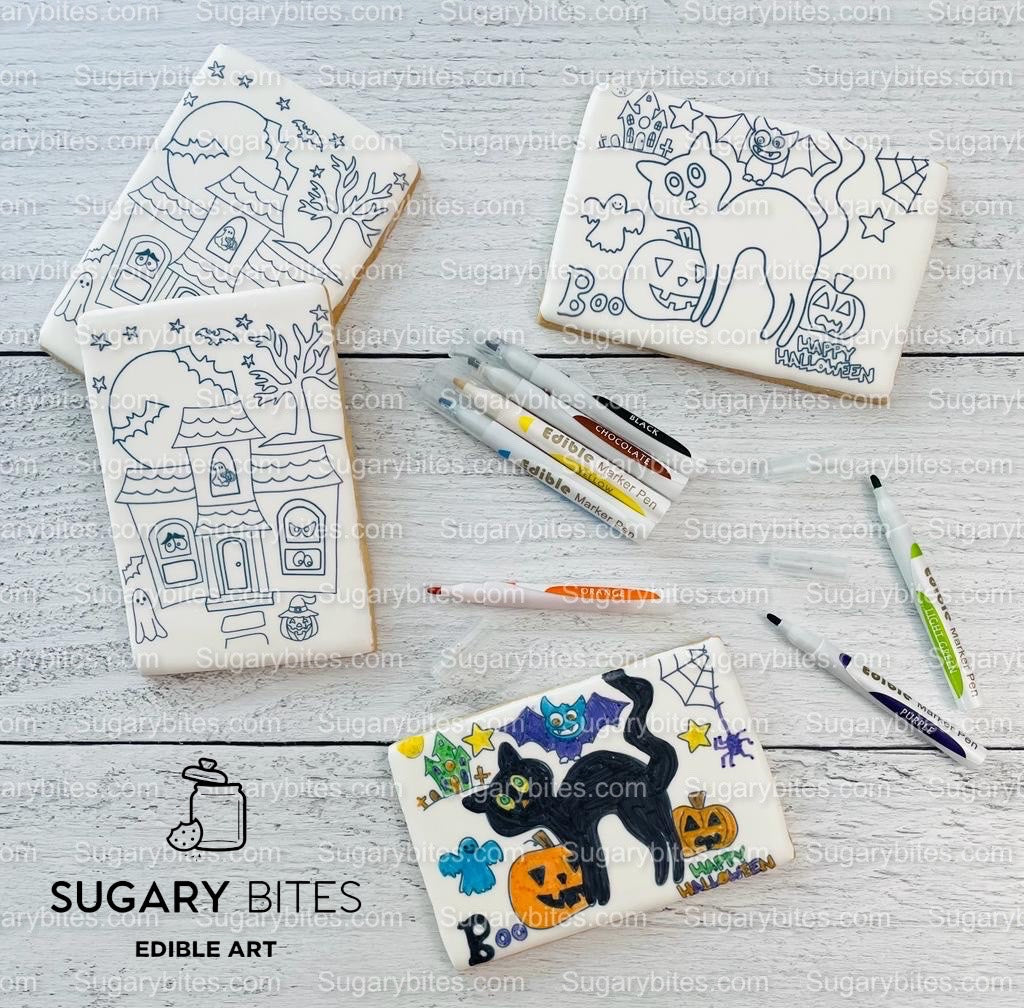 Halloween Cookies, Set of 4 Coloring Halloween Cookies with 7 Edible Markers, Color your own Halloween Cookies!