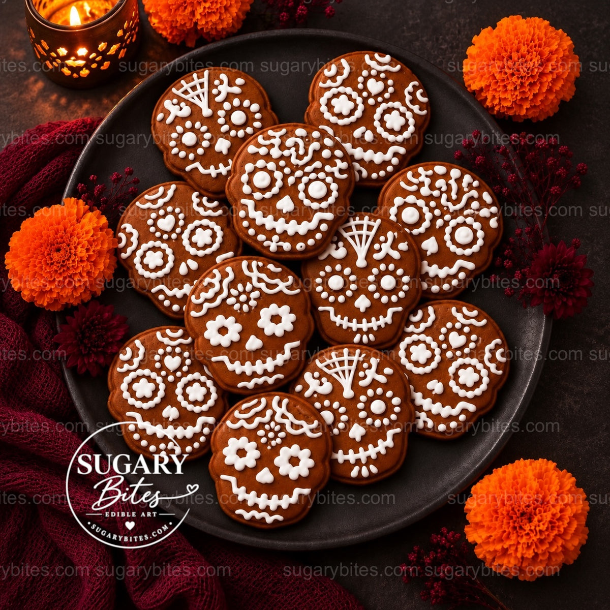 Day of the Dead Decorated Cookies, 12 Sugar Skull Decorated Cookies, Assorted Designs, Flavor Choice, Ribbon Gift Box