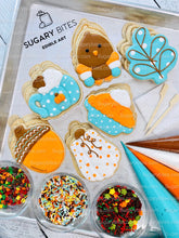 Load image into Gallery viewer, Fall Cookie Decorating Kit, ***INCLUDES 24 ITEMS*** (Large Cookies),Zoom Party Favors, W/ 4 Icing Bags and 3 Deluxe Sprinkles!
