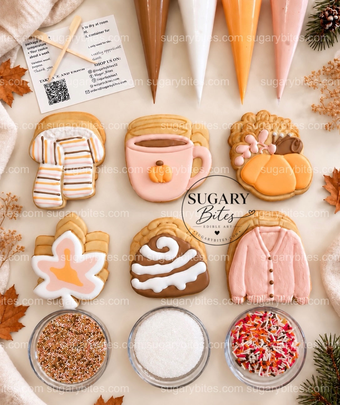Fall Cookie Decorating Kit: 12 Cookies, 4 Ready-to-Use Royal Icing Bags, 3 Sprinkle Mixes; Thanksgiving Family & Classroom Activity Gift Set