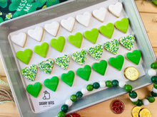Load image into Gallery viewer, St. Patrick’s Day Cookie Packs, MINI Heart Sugar Cookies, Gift,**SET of 4 BAGS** (24 heart cookies total)
