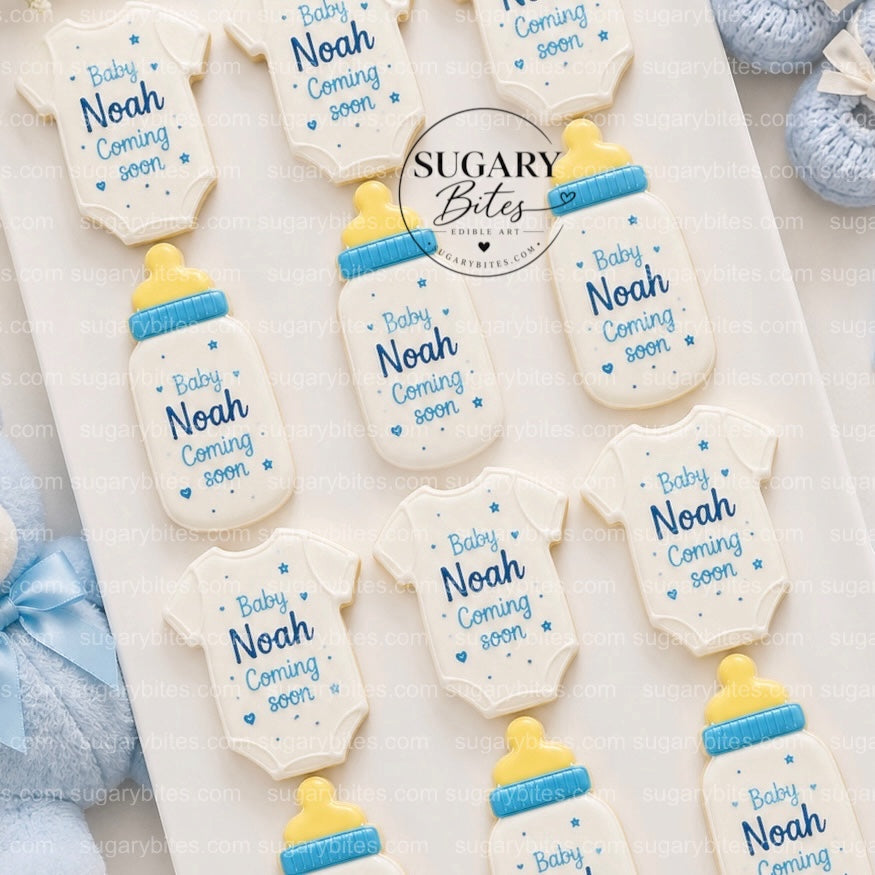 Baby Shower Cookies, Personalized Baby Shower Cookies – Custom Baby Name Onesie & Bottle Cookies, 12 Baby Shower Favors (Approximately 4 inches each)