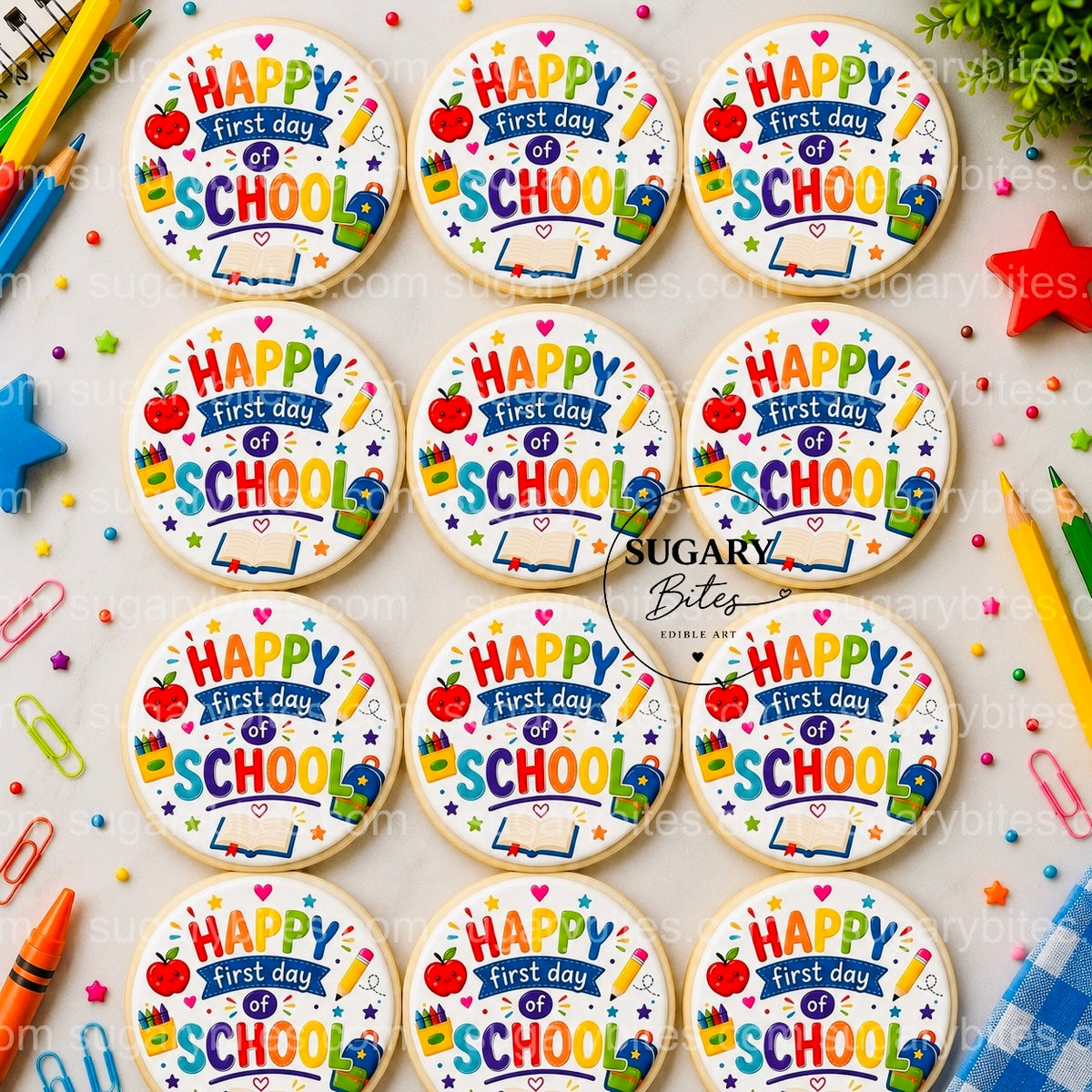 Back to School Cookies, Happy First Day of School Cookies, , Edible Image Cookies, Teacher and Student Treats, 1 Dozen