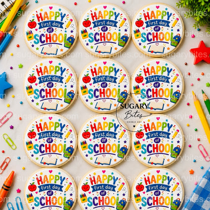 Back to School Cookies, Happy First Day of School Cookies, , Edible Image Cookies, Teacher and Student Treats, 1 Dozen