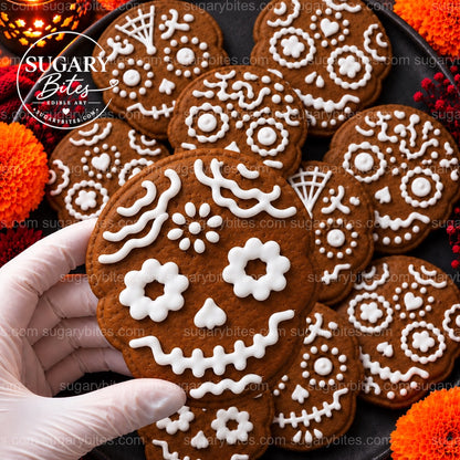 Day of the Dead Decorated Cookies, 12 Sugar Skull Decorated Cookies, Assorted Designs, Flavor Choice, Ribbon Gift Box