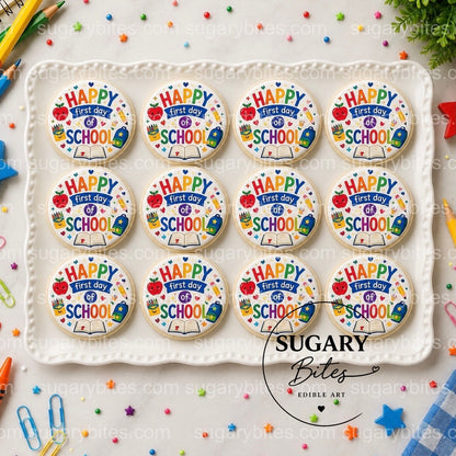 Back to School Cookies, Happy First Day of School Cookies, , Edible Image Cookies, Teacher and Student Treats, 1 Dozen