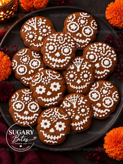 Day of the Dead Decorated Cookies, 12 Sugar Skull Decorated Cookies, Assorted Designs, Flavor Choice, Ribbon Gift Box