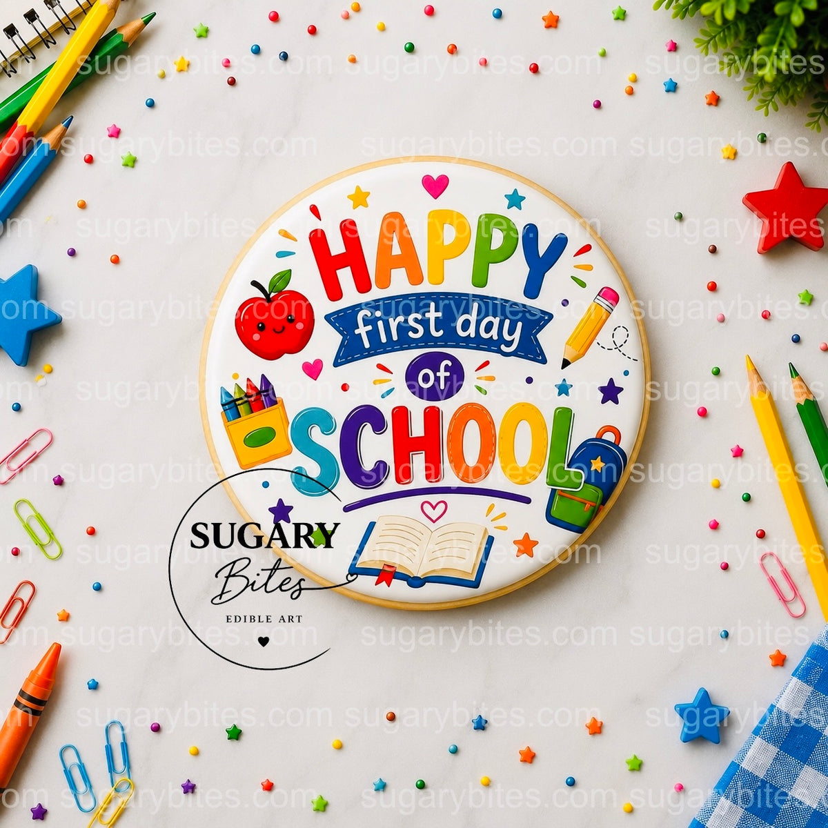 Back to School Cookies, Happy First Day of School Cookies, , Edible Image Cookies, Teacher and Student Treats, 1 Dozen