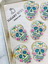 Load image into Gallery viewer, Sugar Skull Cookies, Set of 12 Cookies, Vanilla Sugar Cookie, Highly Detailed Edible Image!
