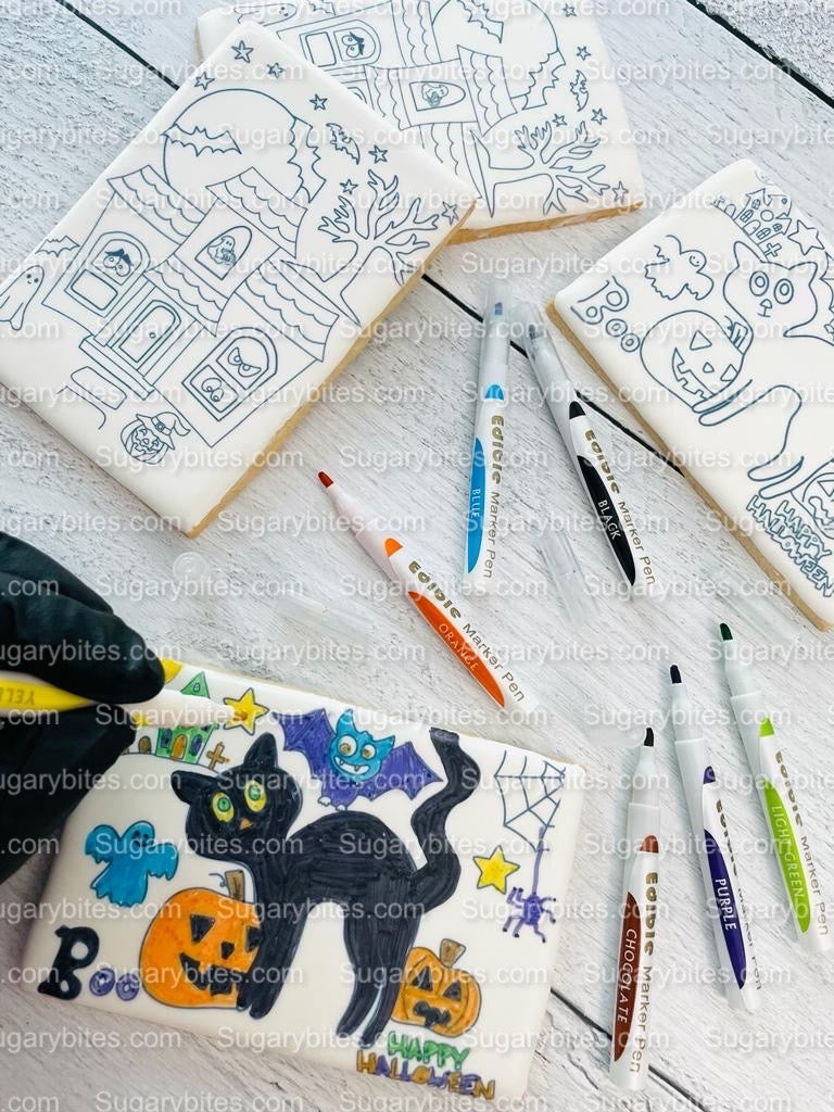 Halloween Cookies, Set of 4 Coloring Halloween Cookies with 7 Edible Markers, Color your own Halloween Cookies!
