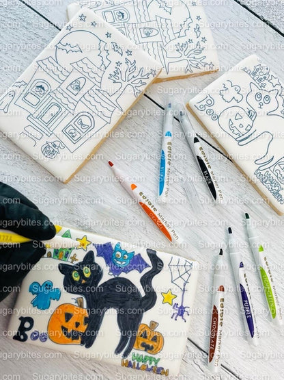 Halloween Cookies, Set of 4 Coloring Halloween Cookies with 7 Edible Markers, Color your own Halloween Cookies!