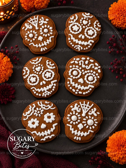 Day of the Dead Decorated Cookies, 12 Sugar Skull Decorated Cookies, Assorted Designs, Flavor Choice, Ribbon Gift Box