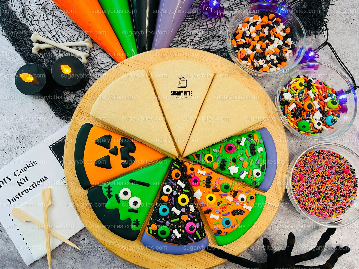 Halloween Cookie Decorating Kit, Halloween Pizza Cookie Kit, (Large Cookies) ***INCLUDES 24 ITEMS*** With 4 Icing Bags & 3 Deluxe Sprinkle!!