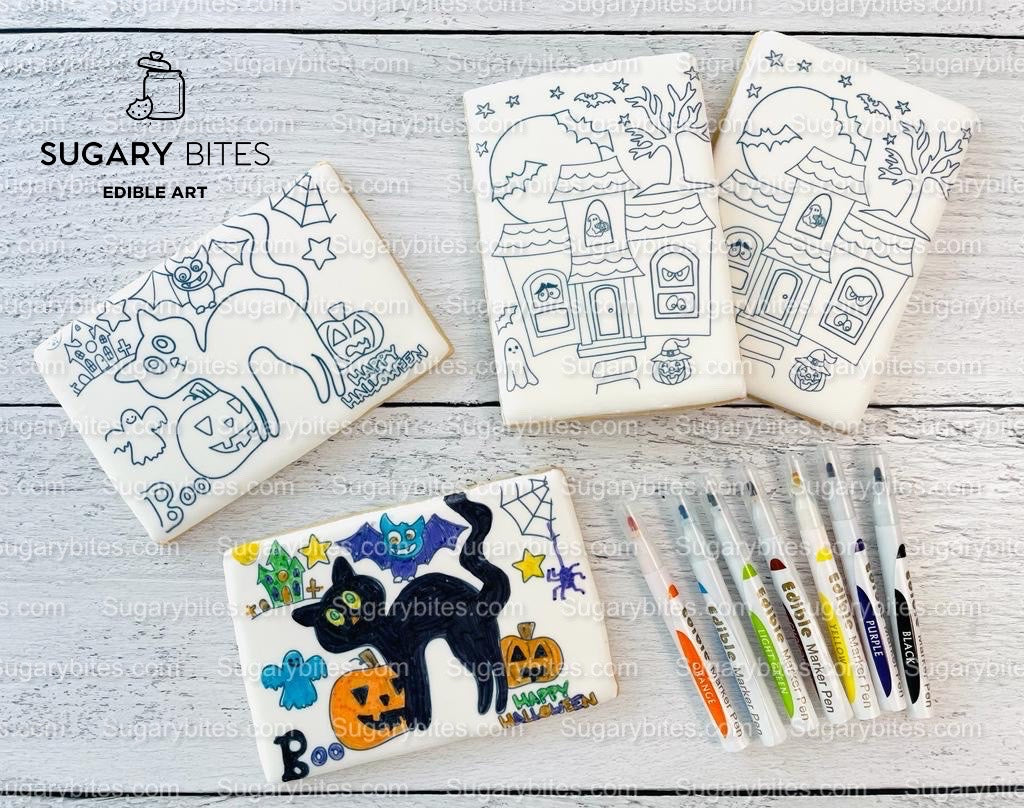 Halloween Cookies, Set of 4 Coloring Halloween Cookies with 7 Edible Markers, Color your own Halloween Cookies!