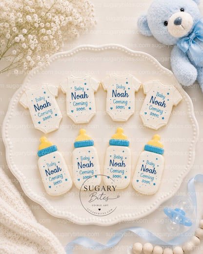 Baby Shower Cookies, Personalized Baby Shower Cookies – Custom Baby Name Onesie & Bottle Cookies, 12 Baby Shower Favors (Approximately 4 inches each)