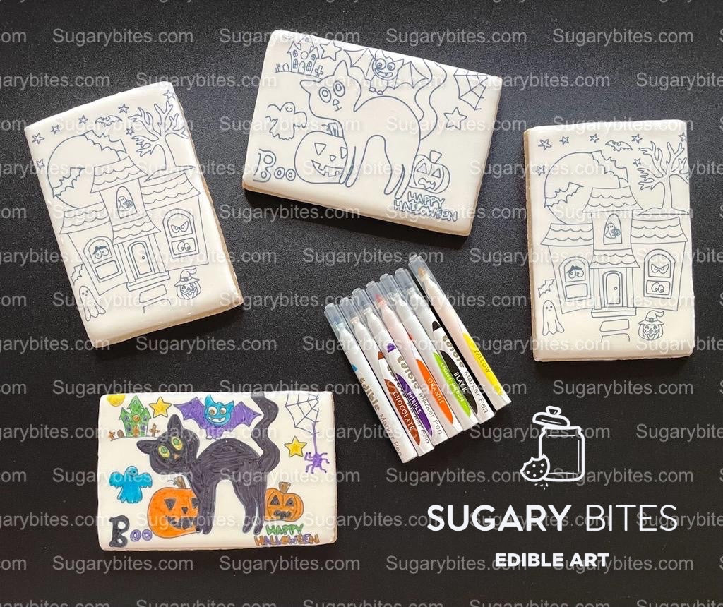 Halloween Cookies, Set of 4 Coloring Halloween Cookies with 7 Edible Markers, Color your own Halloween Cookies!