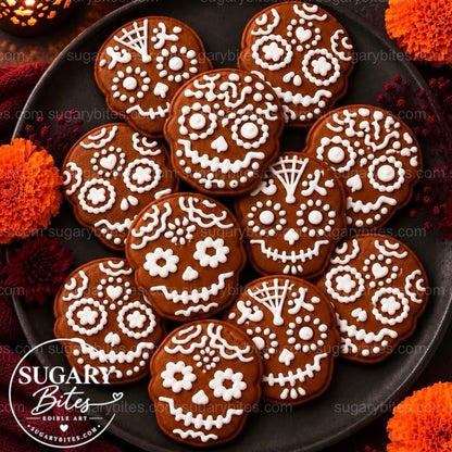 Day of the Dead Decorated Cookies, 12 Sugar Skull Decorated Cookies, Assorted Designs, Flavor Choice, Ribbon Gift Box